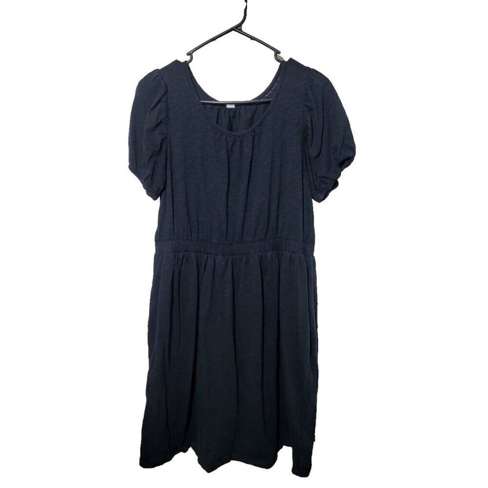 Daily Practice Dress M Black Puff Sleeve Pockets Stretch Cinched Waist Pullover